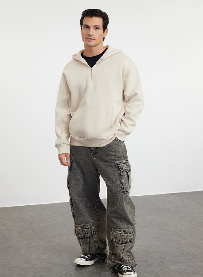 trendyol Stone Oversize/Wide Cut Zippered Hooded Fleece Inside Basic Sweatshirt - Image 1