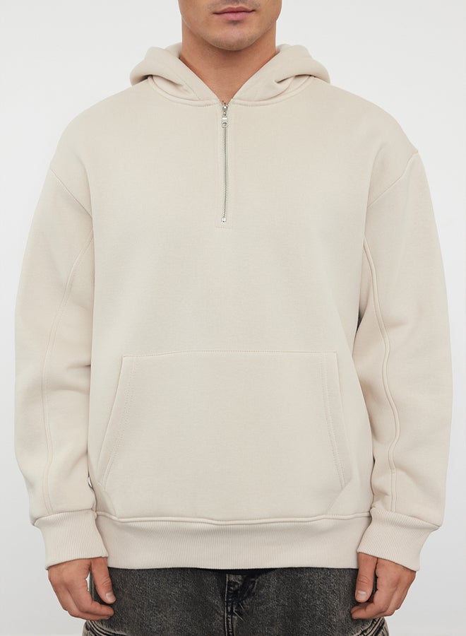 trendyol Stone Oversize/Wide Cut Zippered Hooded Fleece Inside Basic Sweatshirt - Image 4