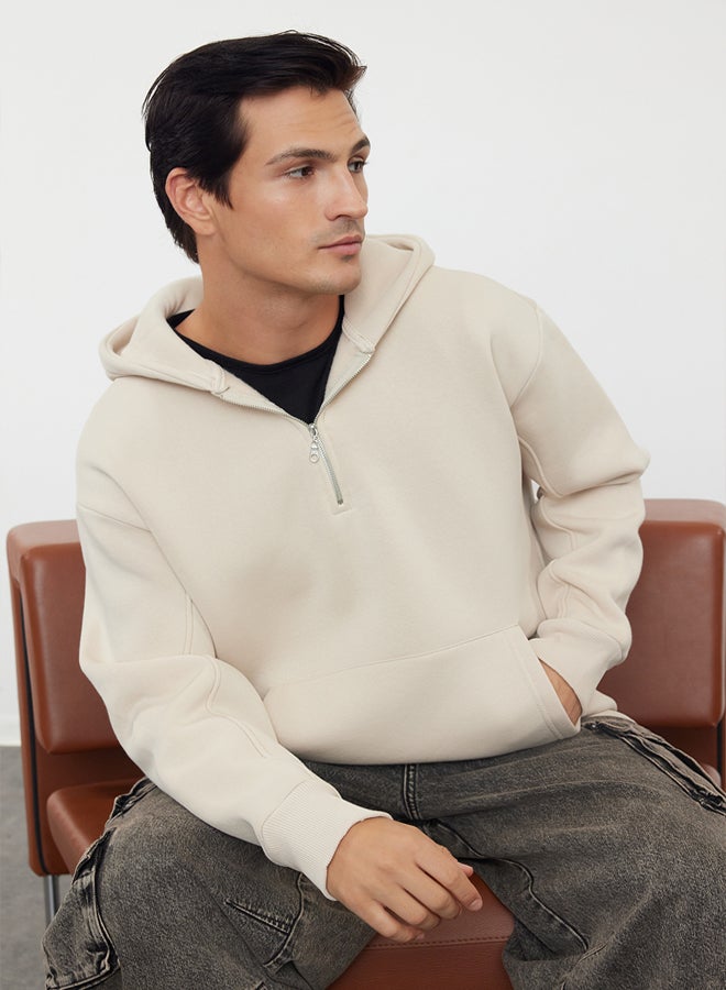 trendyol Stone Oversize/Wide Cut Zippered Hooded Fleece Inside Basic Sweatshirt - Image 3