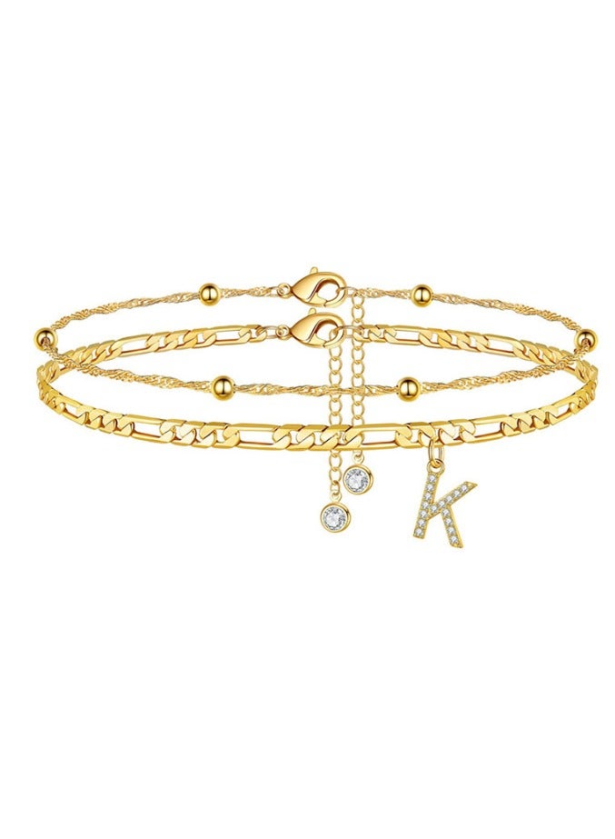 Initial Letter K Ankle or Bracelets -  Layered Figaro Chain  - Personalized Jewelry - Image 1