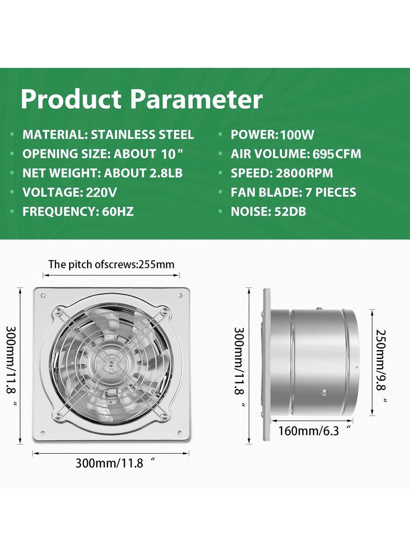 S-Color Exhaust Fan 10Inch 25.4CM Metal Extractor Fan 100W 695CFM Through-wall Installation Ventilation Fan Smoke Ventilation for Kitchen, Bathroom,laundry, Garage Black, with Backdraft Damper Silver - Image 2