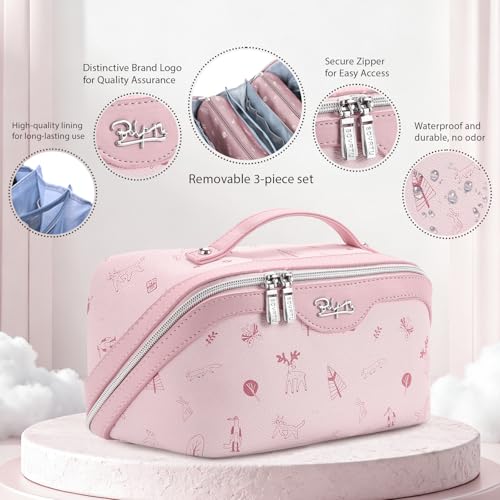BOYATU Travel Makeup Bag Cosmetic Bags for Women: 3 Pcs Set Portable Make up Bag with Handle - PU Leather Toiletry Bags with Compartments - Makeup Organizer for Travel Essentials(L-5-Pink) - Image 2