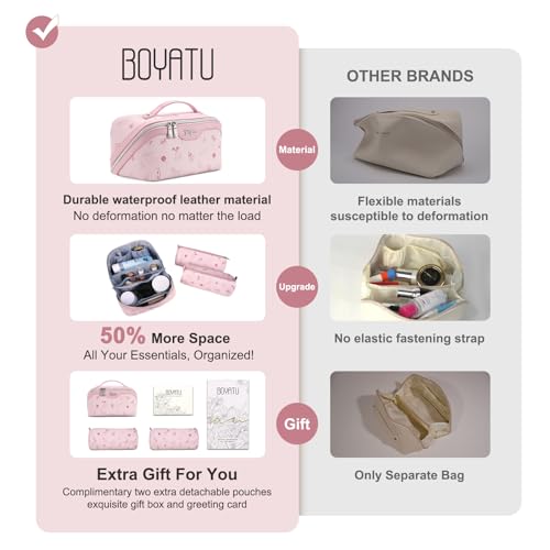 BOYATU Travel Makeup Bag Cosmetic Bags for Women: 3 Pcs Set Portable Make up Bag with Handle - PU Leather Toiletry Bags with Compartments - Makeup Organizer for Travel Essentials(L-5-Pink) - Image 3