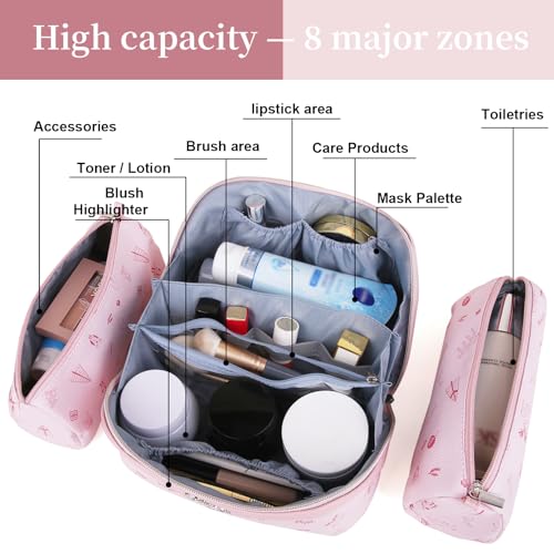 BOYATU Travel Makeup Bag Cosmetic Bags for Women: 3 Pcs Set Portable Make up Bag with Handle - PU Leather Toiletry Bags with Compartments - Makeup Organizer for Travel Essentials(L-5-Pink) - Image 5