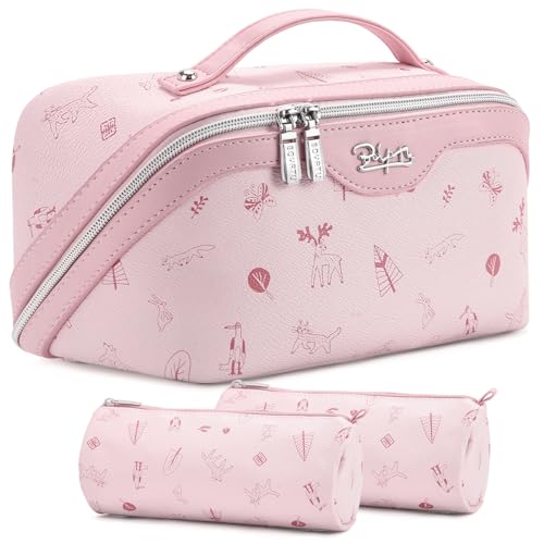 BOYATU Travel Makeup Bag Cosmetic Bags for Women: 3 Pcs Set Portable Make up Bag with Handle - PU Leather Toiletry Bags with Compartments - Makeup Organizer for Travel Essentials(L-5-Pink) - Image 1