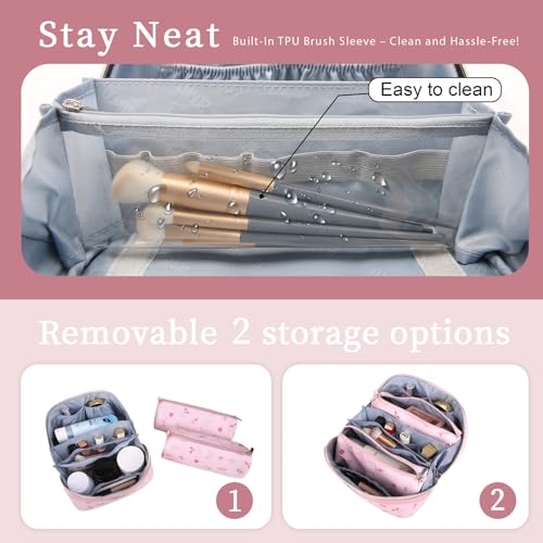 BOYATU Travel Makeup Bag Cosmetic Bags for Women: 3 Pcs Set Portable Make up Bag with Handle - PU Leather Toiletry Bags with Compartments - Makeup Organizer for Travel Essentials(L-5-Pink) - Image 4