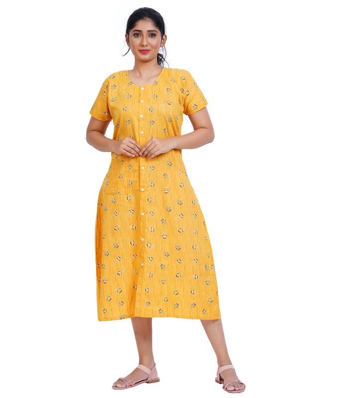 MENMAII Women's[L-4XL] Full Open/Front Buttoned [a Kind of Adaptive Clothing] Multipurpose Nighty for Maternity/Pregnancy/Elderly/Patient/Feeding/Hospital Purpose Nighty(Mustard_3XL/ Calf Length - Image 1