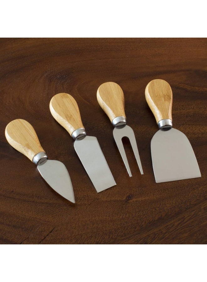 Professional 4-Piece Stainless Steel Cheese Knife Set with Bamboo Handles - Silver & Brown - Image 2