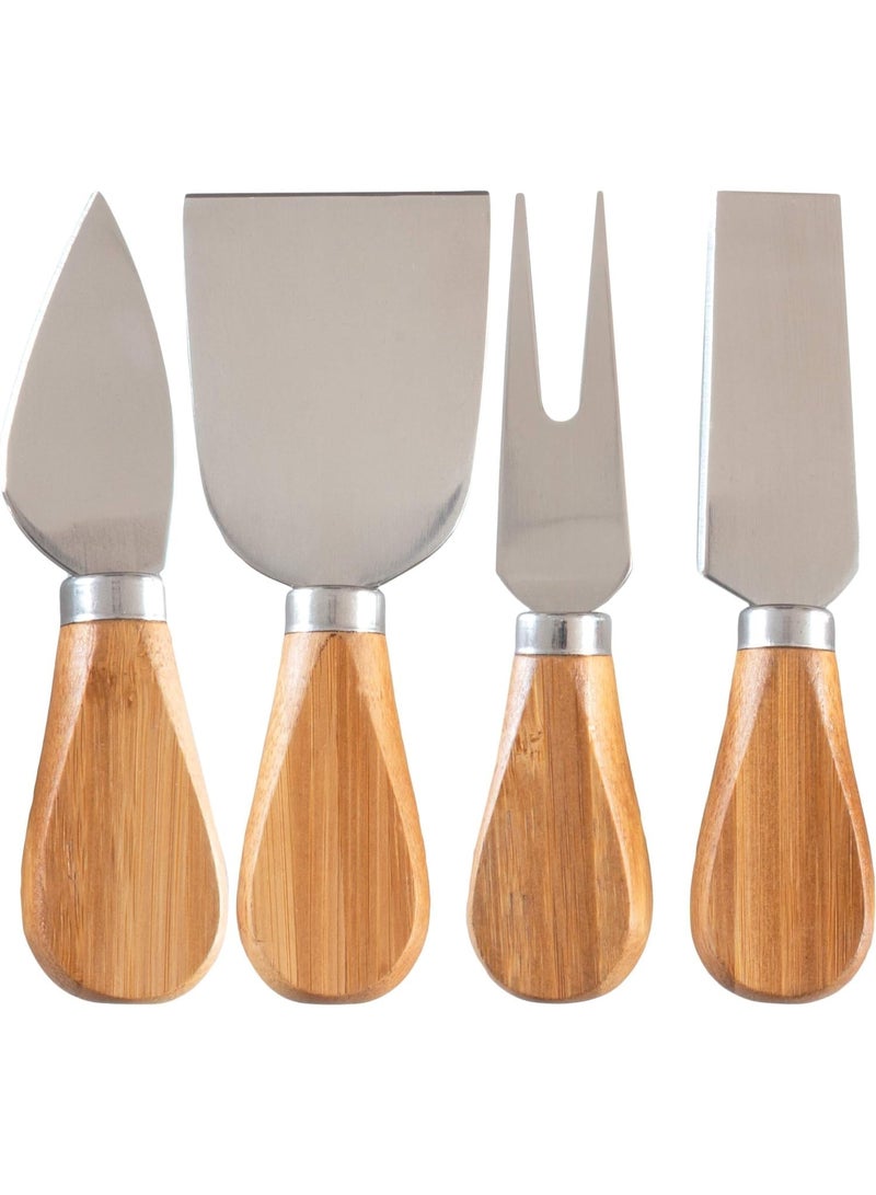 Professional 4-Piece Stainless Steel Cheese Knife Set with Bamboo Handles - Silver & Brown - Image 1