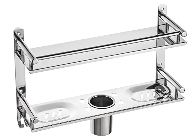 Filox Stainless Steel Double Layer Wall Rack with Towel Rod | Multipurpose Bathroom Organizer Shelf | Kitchen Storage Shelf for Utensils, Toiletries, Bottles, Jars | Space Saver Rack - Image 1