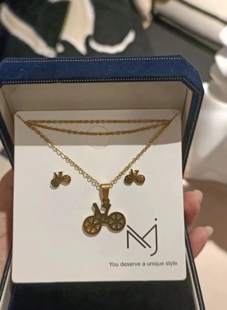 General 18K Gold Plated Stainless Steel Bike Clavicle Necklace Earrings Three Piece Set  - Image 1