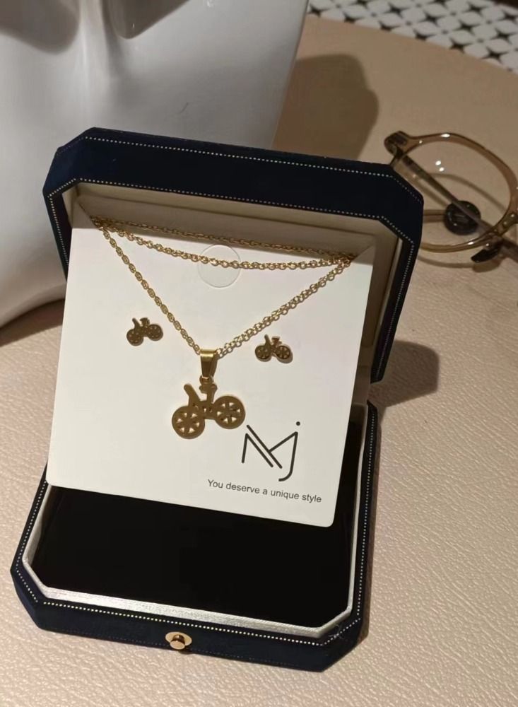 General 18K Gold Plated Stainless Steel Bike Clavicle Necklace Earrings Three Piece Set  - Image 2