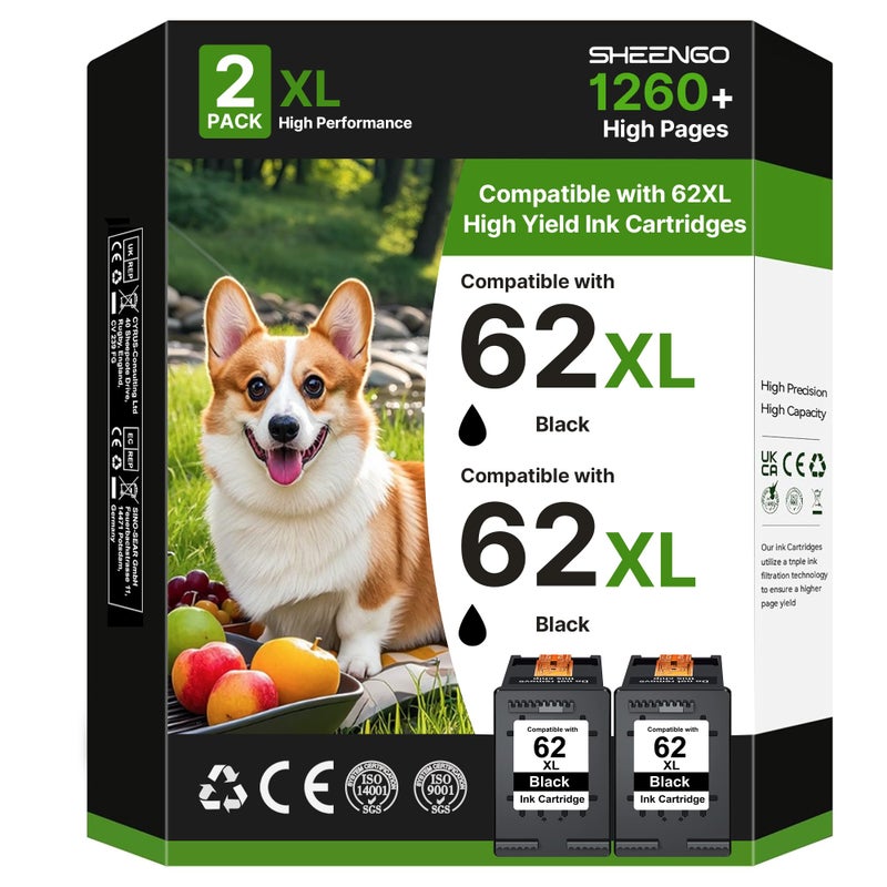 SHEENGO 62XL Ink Cartridges (2 Black) Replacement for HP 62 Black Ink Cartridge 62XL High Yield Works with HP Envy 5540 5544 5545 5642 5660 5664 7640 7645 OfficeJet 200 250 258 5740 5745 5746 Series | C2P05AN - Image 1
