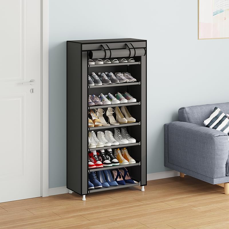 Calmootey 7 Tier Shoe Rack Organizer,Portable Shoe Shelf with Nonwoven Fabric Cover for Closet Hallway,Bedroom,Entryway,Grey - Image 4