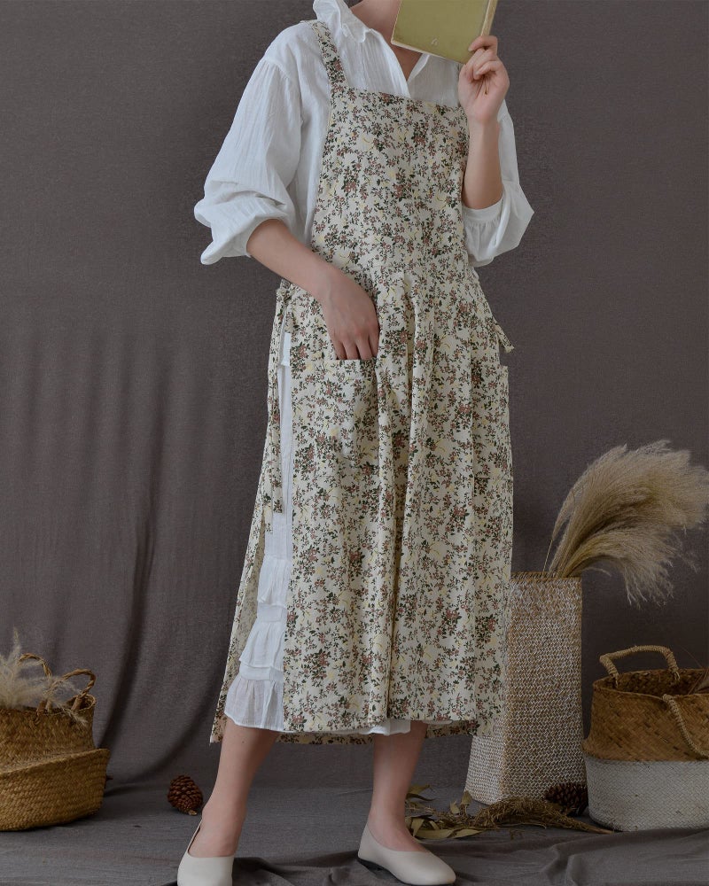 FADUOFA Japanese Cotton Cross Back Apron with Pockets,Fashion Pinafore Dress for Gardening Painting Cleaning Cooking - Image 2