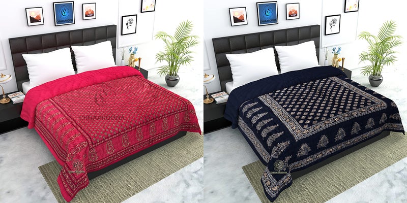 Lilfly لحاف ليلفلاي 400 TC من القطن الخالص بتصميم جايفوري التقليدي خفيف الوزن - لحاف سرير مفرد (تصميم 16، مجموعة من 2)  - Image 1