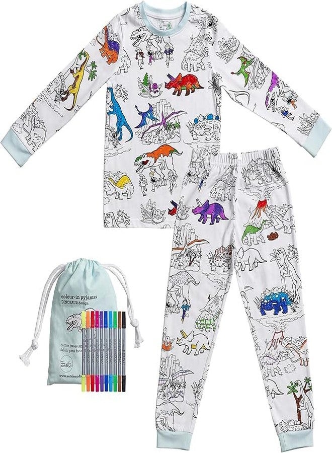eatsleepdoodle Kids Coloring Pajama Set - DIY Wearable Art Dinosaur Pajamas for Boys, Includes Washable Markers, Fun Creative Sleepwear for Art & Playtime, Cotton, Reusable, Gift Idea for kids - Image 1