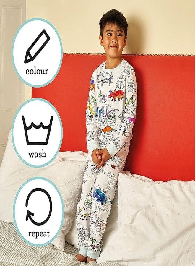 eatsleepdoodle Kids Coloring Pajama Set - DIY Wearable Art Dinosaur Pajamas for Boys, Includes Washable Markers, Fun Creative Sleepwear for Art & Playtime, Cotton, Reusable, Gift Idea for kids - Image 4