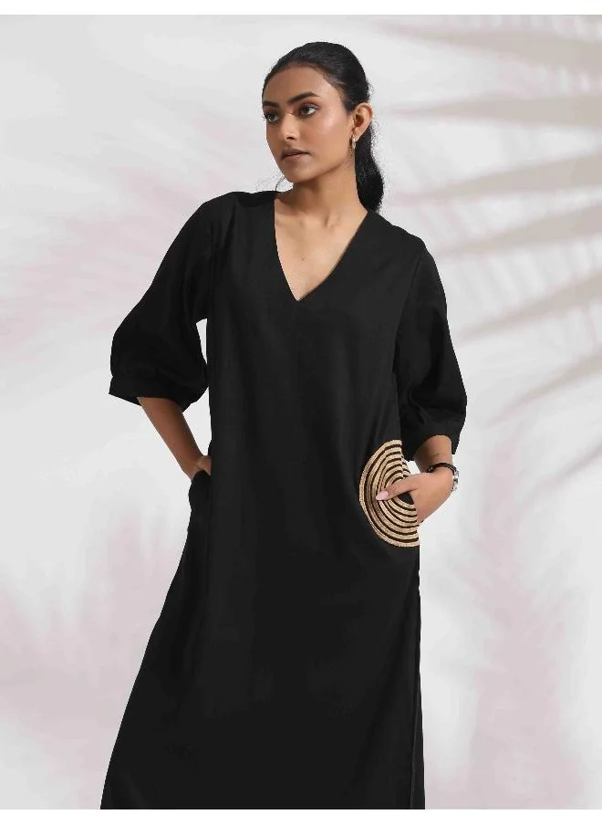 ترو برونز trueBrowns Black Cotton Embroidered Dress