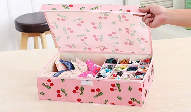 Unyks Star Unyks Star PREMIUM 161 Multi Compartment Cell Foldable Storage BoxCloset OrganizerNonSmell Drawer Organizer Underwear Closet Storage for Socks Bra Panty Tie Scarf etc Pink Cherry  - Image 1