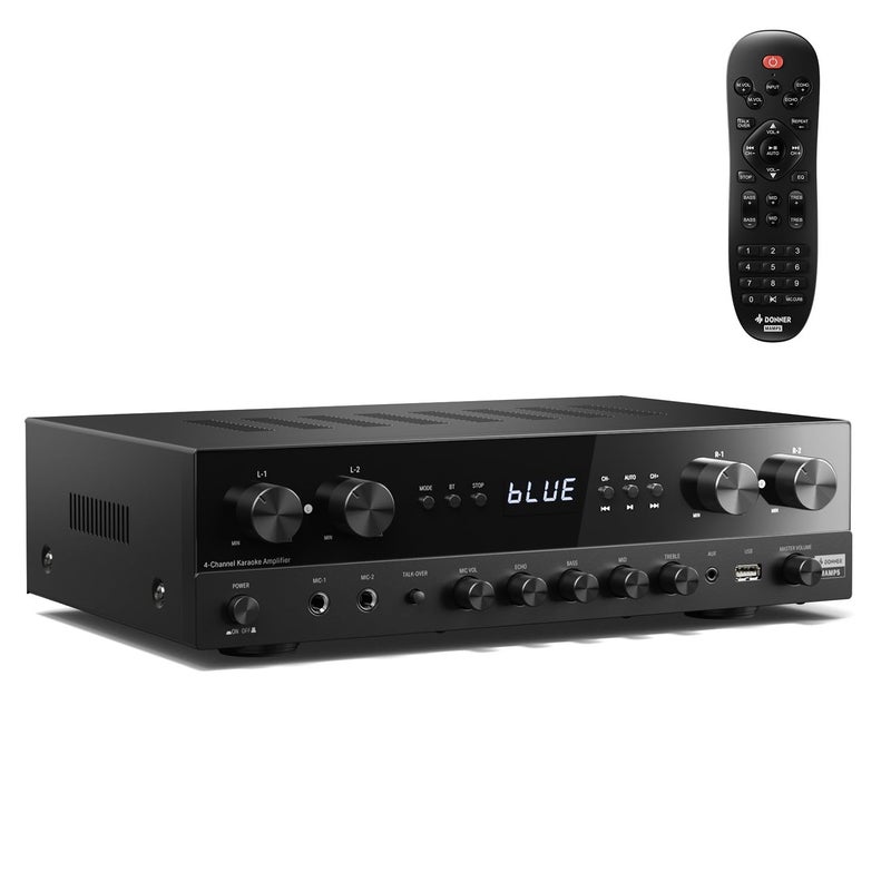 Donner Stereo Receivers Home Audio Amplifier, Premium 1000W Peak Power 4 Channel Amplifier with Bluetooth 5.0, USB, FM, 2 Mic-in, Echo, RCA, Optical/Coaxial Input for Home, Karaoke, Theater Speakers - Image 1