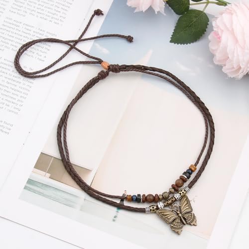 CZMZHFC Boho Necklace for Women,Vintage Butterfly Pendant Necklaces,Adjustable Wooden Beads Layered Braided Choker,Fashion Tribal Style Leather Rope Necklace Jewelry,Chunky Statement Gift for Women (Brown) - Image 5