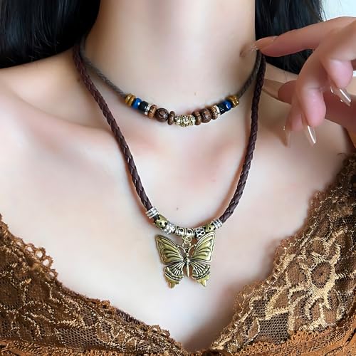CZMZHFC Boho Necklace for Women,Vintage Butterfly Pendant Necklaces,Adjustable Wooden Beads Layered Braided Choker,Fashion Tribal Style Leather Rope Necklace Jewelry,Chunky Statement Gift for Women (Brown) - Image 4