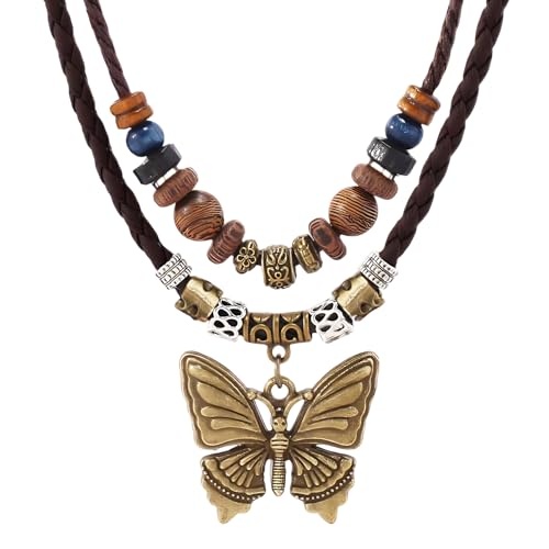 CZMZHFC Boho Necklace for Women,Vintage Butterfly Pendant Necklaces,Adjustable Wooden Beads Layered Braided Choker,Fashion Tribal Style Leather Rope Necklace Jewelry,Chunky Statement Gift for Women (Brown) - Image 1