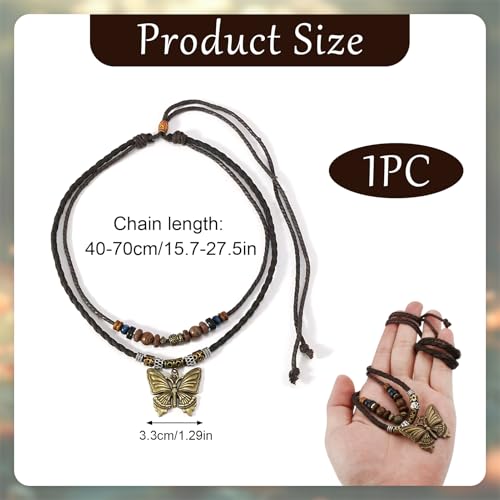 CZMZHFC Boho Necklace for Women,Vintage Butterfly Pendant Necklaces,Adjustable Wooden Beads Layered Braided Choker,Fashion Tribal Style Leather Rope Necklace Jewelry,Chunky Statement Gift for Women (Brown) - Image 2