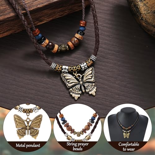 CZMZHFC Boho Necklace for Women,Vintage Butterfly Pendant Necklaces,Adjustable Wooden Beads Layered Braided Choker,Fashion Tribal Style Leather Rope Necklace Jewelry,Chunky Statement Gift for Women (Brown) - Image 3