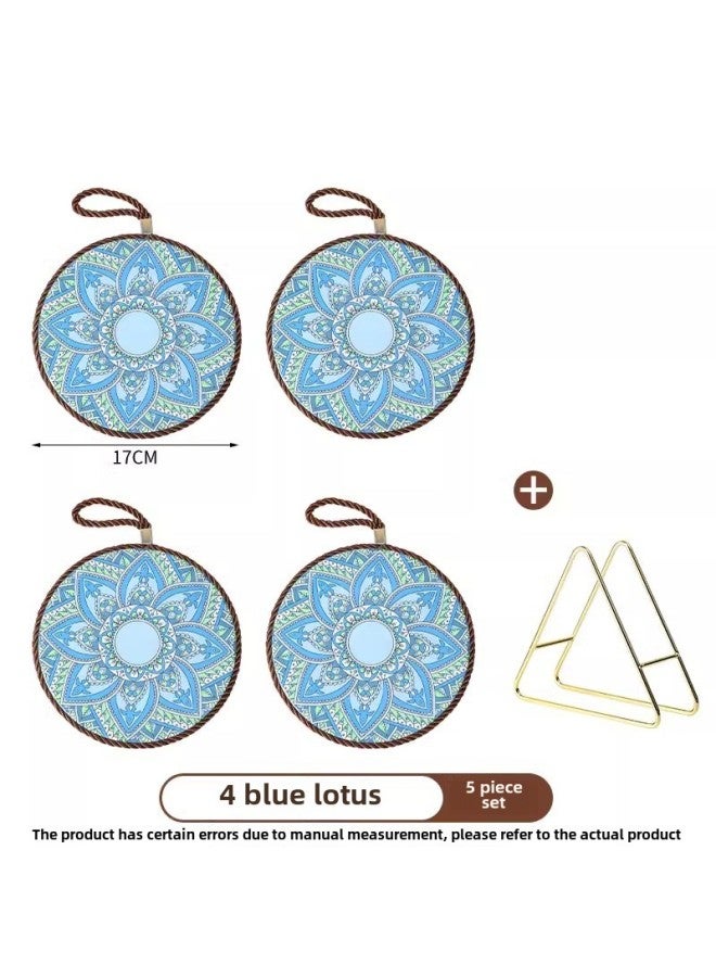 Retro Heat Insulation Pad High Temperature Resistant Casserole Anti-scalding Pad Enamel Pot Cushion Ceramic New Chinese Style Non-slip Dining Table Plate Cushion-color:Blue Lotus-4 Pieces, Free Metal Storage Rack  - Image 1