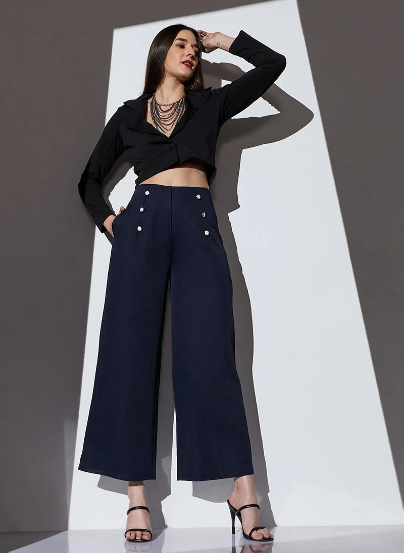 globus Globus Women Navy Mid-Rise Solid Button Detail Wide Leg Trousers