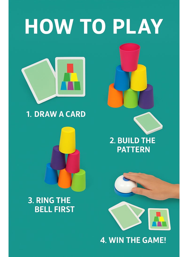 شبيلي لعبة تحدي تكديس الأكواب لتطابق الألوان للأطفال بأكواب سرعة عدد ١٢ وبطاقات أنماط عدد ٥٤ وجرس من مادة ABS لتنمية المهارات بعمر ٣+ للأولاد والبنات للمنزل والحفلات - Image 3
