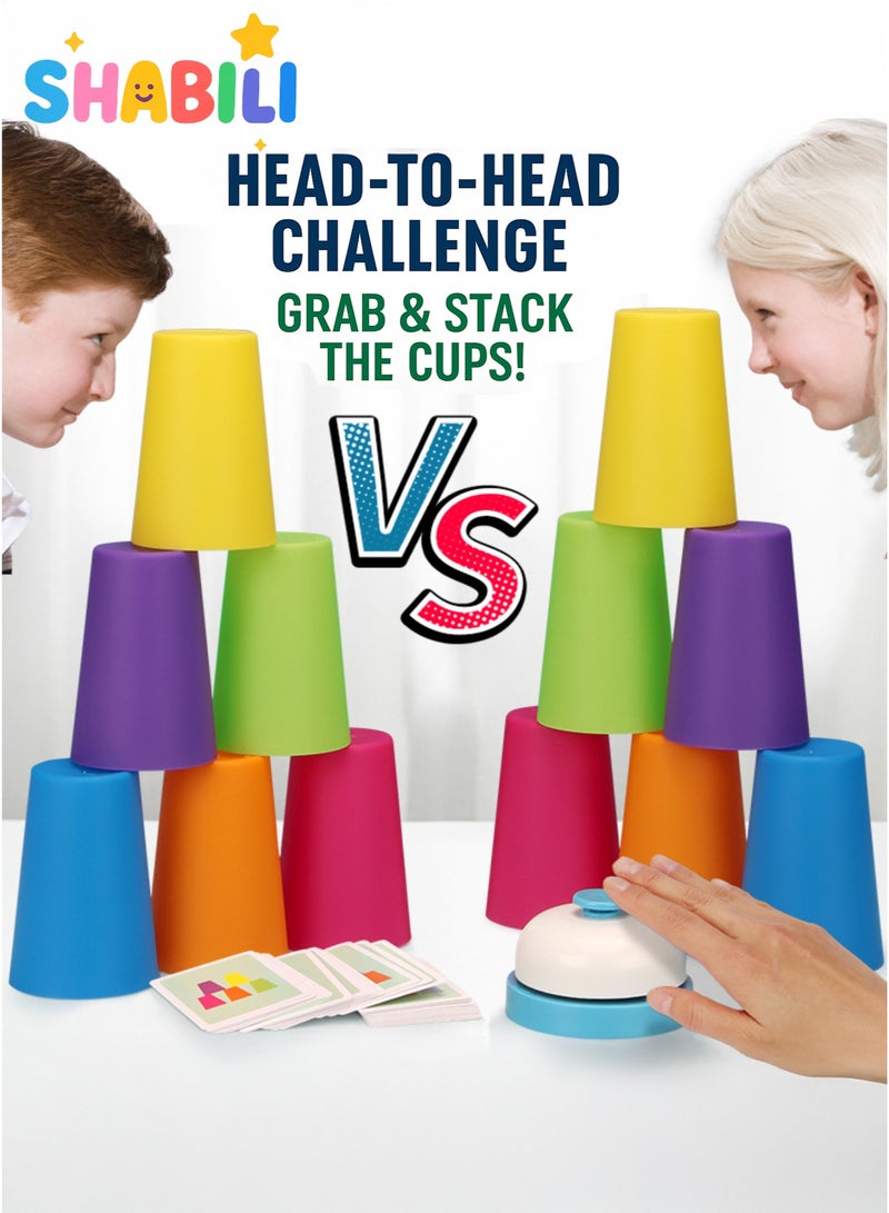شبيلي لعبة تحدي تكديس الأكواب لتطابق الألوان للأطفال بأكواب سرعة عدد ١٢ وبطاقات أنماط عدد ٥٤ وجرس من مادة ABS لتنمية المهارات بعمر ٣+ للأولاد والبنات للمنزل والحفلات - Image 1