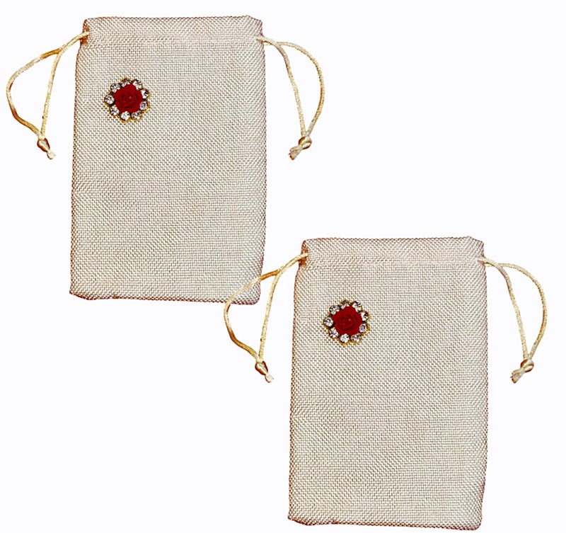 BERRYCRAVE Jute Linen Potli With 1 DIAMOND FLOWER MOTIFF | Return Gifts Pouch | Wedding | Jewellery | Shagun | Drawstring Closure - 15 X 10 Cm EACH - SET OF 2 POTLIS - (1 RED FLOWER) - Image 5