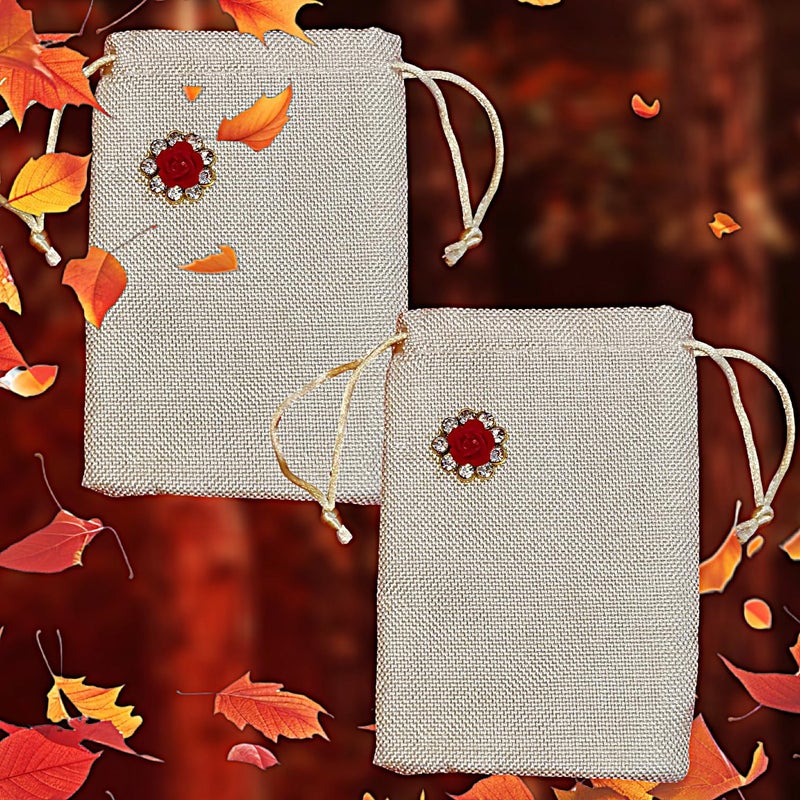 BERRYCRAVE Jute Linen Potli With 1 DIAMOND FLOWER MOTIFF | Return Gifts Pouch | Wedding | Jewellery | Shagun | Drawstring Closure - 15 X 10 Cm EACH - SET OF 2 POTLIS - (1 RED FLOWER) - Image 1