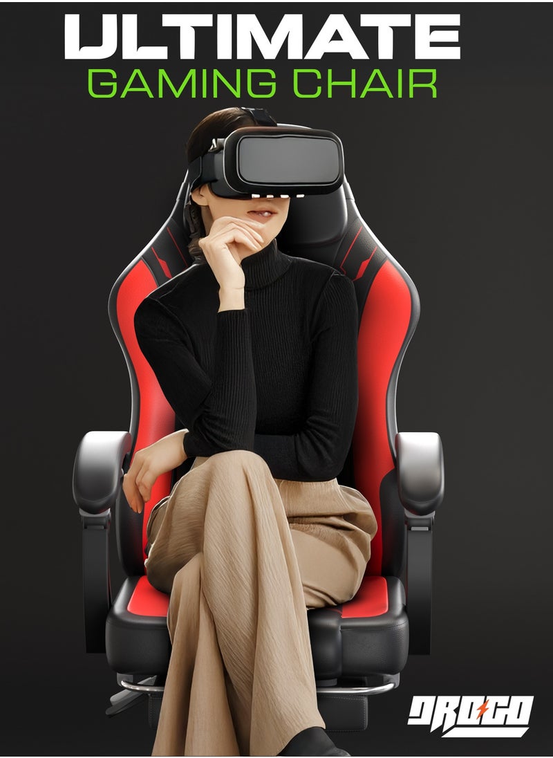 DROGO Onyx Premium Ergonomic Gaming Chair, Video Game Chair with Linkage Armrest, Footrest & Adjustable Seat Computer Chair with PU Leather, Head & Massager Lumbar Pillow Home & Office Chair with Recline Black Red  - Image 2