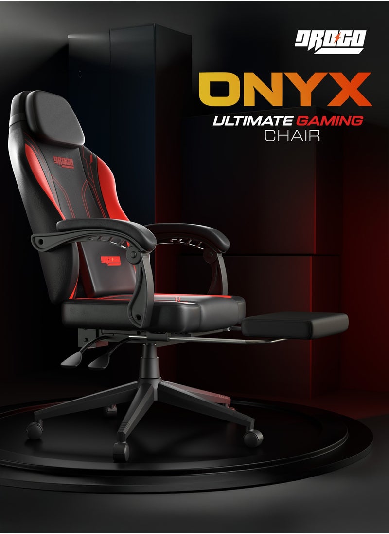 DROGO Onyx Premium Ergonomic Gaming Chair, Video Game Chair with Linkage Armrest, Footrest & Adjustable Seat Computer Chair with PU Leather, Head & Massager Lumbar Pillow Home & Office Chair with Recline Black Red  - Image 3