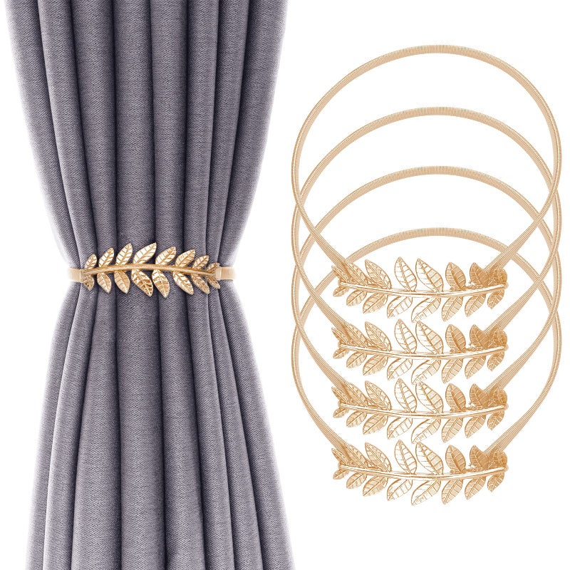 4Pack Curtain Tiebacks Aluminum Alloy Spring Design Curtain Holdback Leaf Carving Design Curtain Ties for Drapes Curtain Ties Backs Curtain Modern Style Curtain Holdback DecorGold Leaf