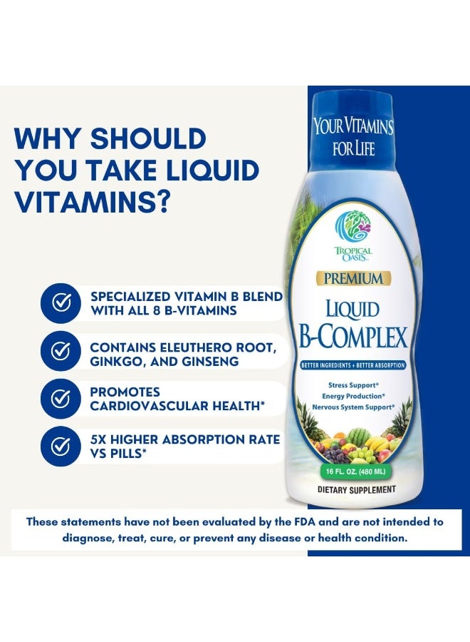 Tropical Oasis Premium Liquid B Complex Vitamin- Fast Absorbing Liquid B-Complex Supplement w/ all 8 B-vitamins, PLUS energizing herbal blend w/ Ginseng, Ginkgo, and Eleuthero Root - Vegan, NON-GMO - 16oz, 32 Serv - Image 5
