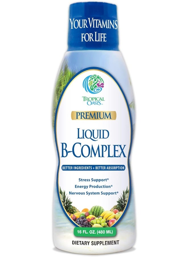 Tropical Oasis Premium Liquid B Complex Vitamin- Fast Absorbing Liquid B-Complex Supplement w/ all 8 B-vitamins, PLUS energizing herbal blend w/ Ginseng, Ginkgo, and Eleuthero Root - Vegan, NON-GMO - 16oz, 32 Serv - Image 1
