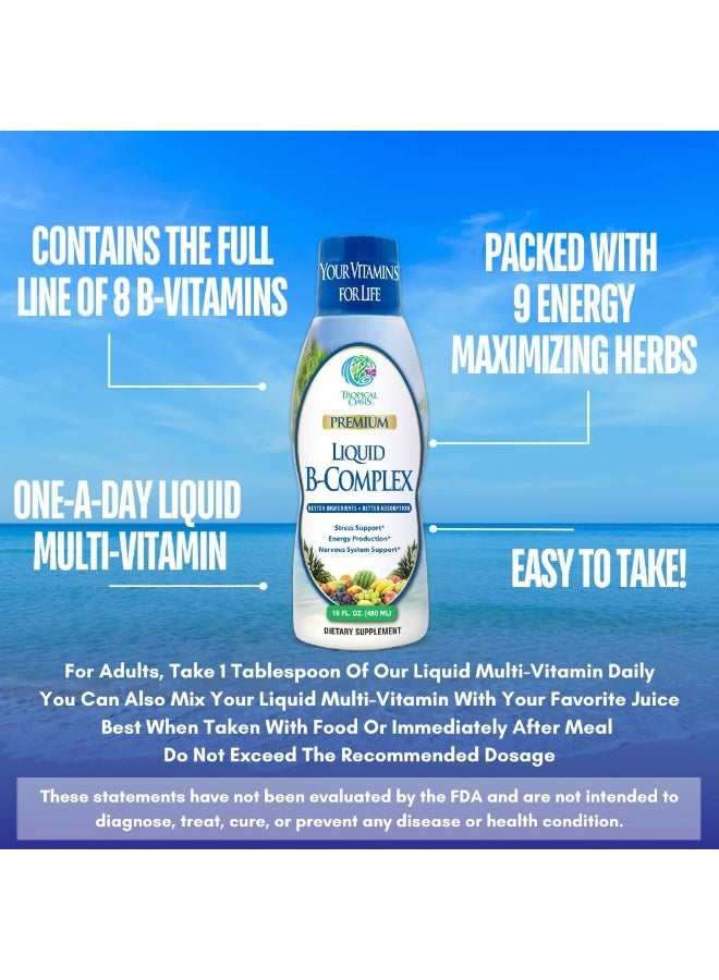 Tropical Oasis Premium Liquid B Complex Vitamin- Fast Absorbing Liquid B-Complex Supplement w/ all 8 B-vitamins, PLUS energizing herbal blend w/ Ginseng, Ginkgo, and Eleuthero Root - Vegan, NON-GMO - 16oz, 32 Serv - Image 4