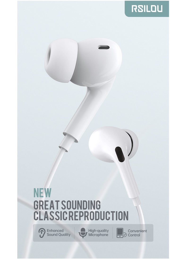 rsilou - AD206T Wired earphones with 3.5mm plug, Full-feature inline controls: one-button answer, HD microphone (for calls and karaoke), lossless sound transmission, refined speaker sound quality, white - Image 1