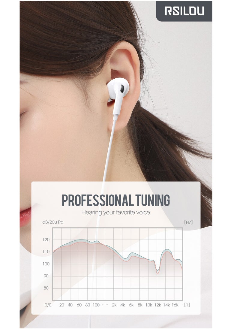 rsilou - AD206T Wired earphones with 3.5mm plug, Full-feature inline controls: one-button answer, HD microphone (for calls and karaoke), lossless sound transmission, refined speaker sound quality, white - Image 1
