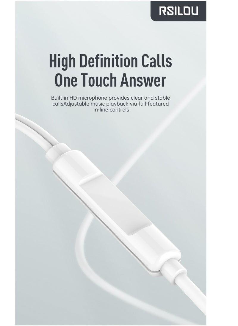 rsilou - AD206T Wired earphones with 3.5mm plug, Full-feature inline controls: one-button answer, HD microphone (for calls and karaoke), lossless sound transmission, refined speaker sound quality, white - Image 1