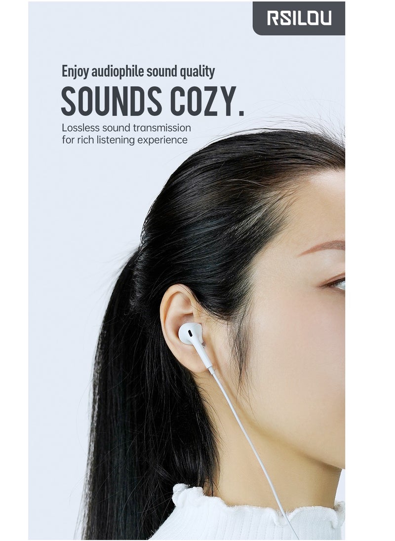 rsilou - AD206T Wired earphones with 3.5mm plug, Full-feature inline controls: one-button answer, HD microphone (for calls and karaoke), lossless sound transmission, refined speaker sound quality, white - Image 1