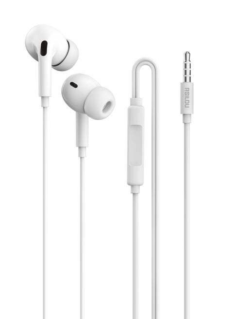 R3502-001 Wired earphones with 3.5mm plug, Full-feature inline controls: one-button answer, HD microphone (for calls and karaoke), lossless sound transmission, refined speaker sound quality, white