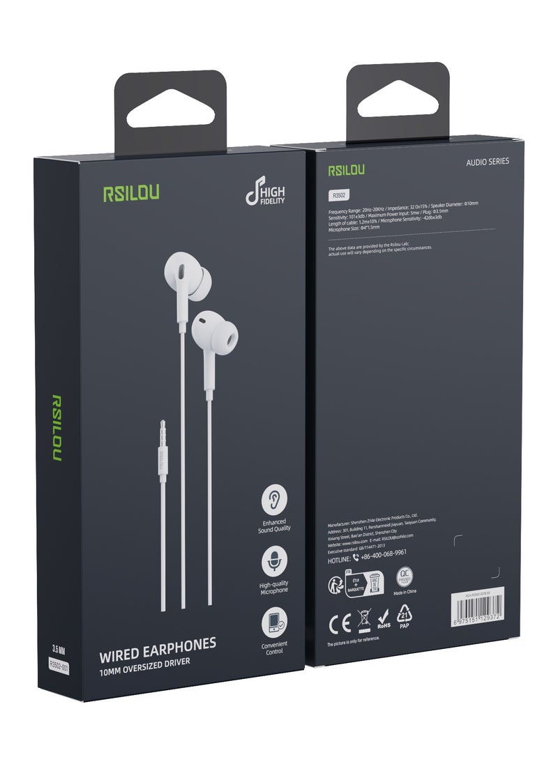 rsilou - AD206T Wired earphones with 3.5mm plug, Full-feature inline controls: one-button answer, HD microphone (for calls and karaoke), lossless sound transmission, refined speaker sound quality, white - Image 1