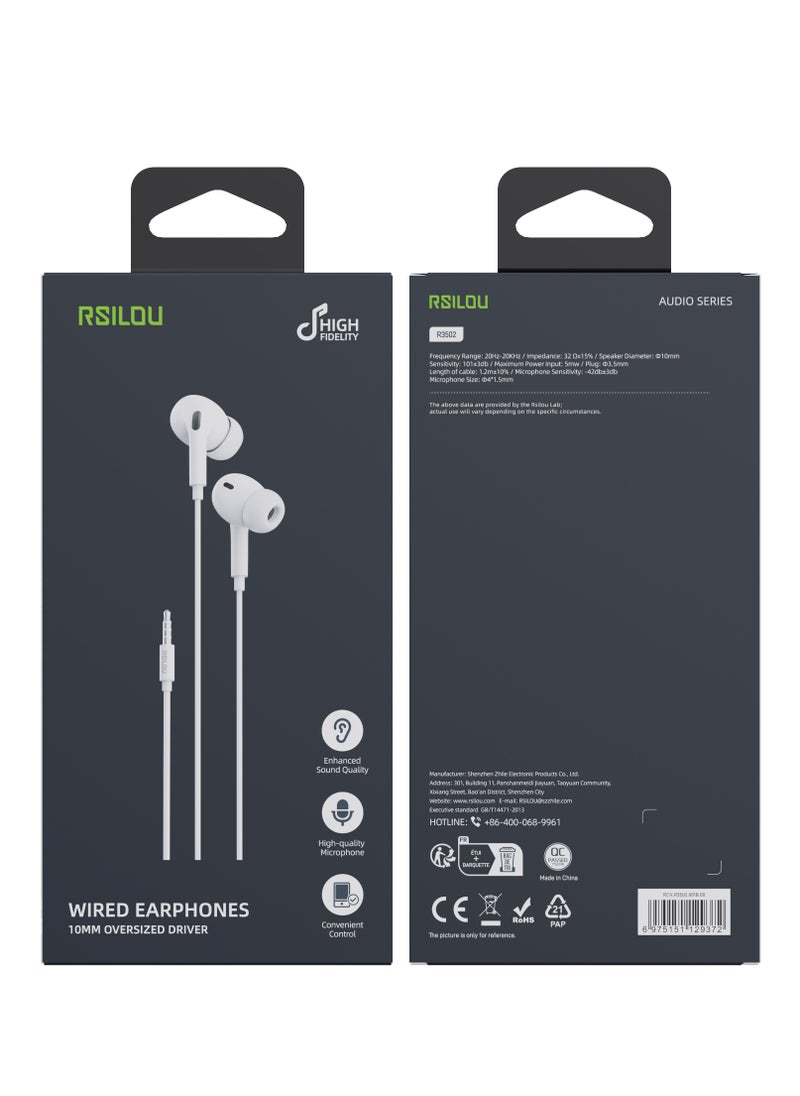 rsilou - AD206T Wired earphones with 3.5mm plug, Full-feature inline controls: one-button answer, HD microphone (for calls and karaoke), lossless sound transmission, refined speaker sound quality, white - Image 1
