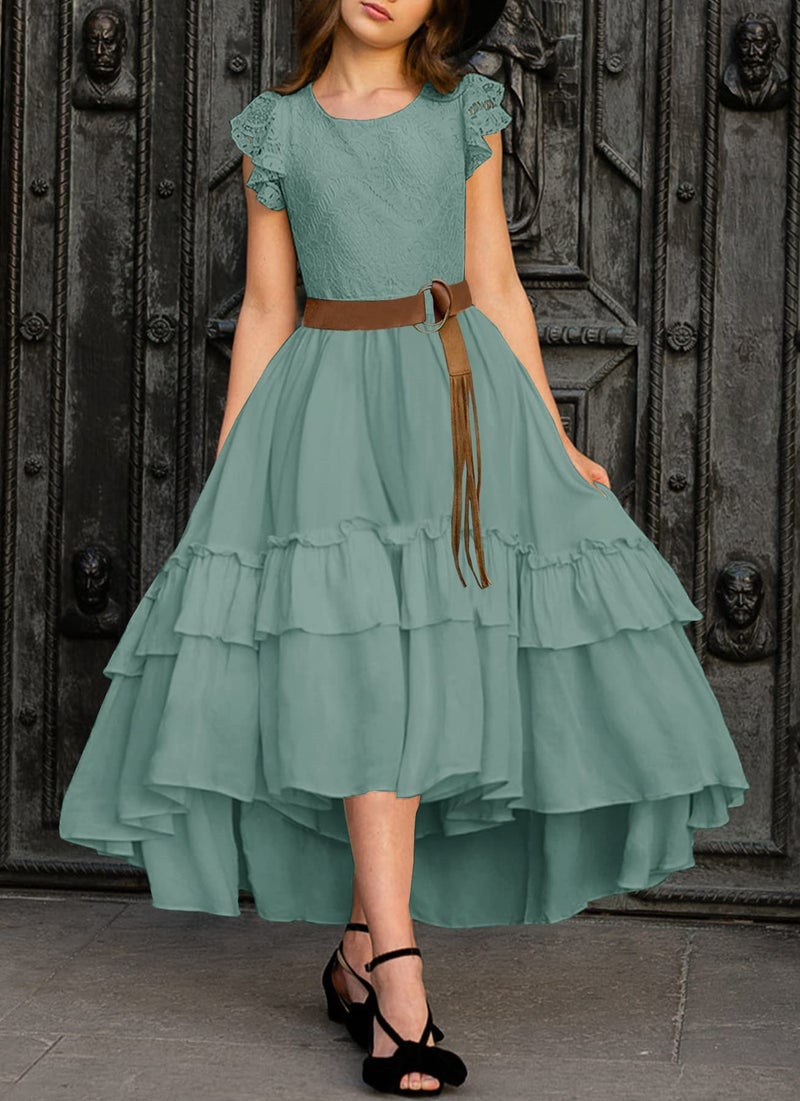HOSIKA Flower Girl Dress Elegant Ruffle Sleeve Flowy Maxi Formal Bridesmaid Dress for Wedding Light Green 12-13 Years - Image 2